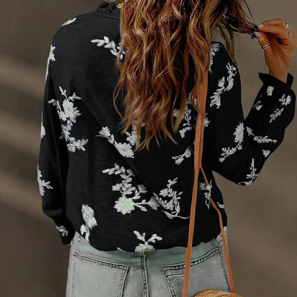 BestSelling Black Casual Women's Embroidered Floral Printed blouse - Picture 5 of 6